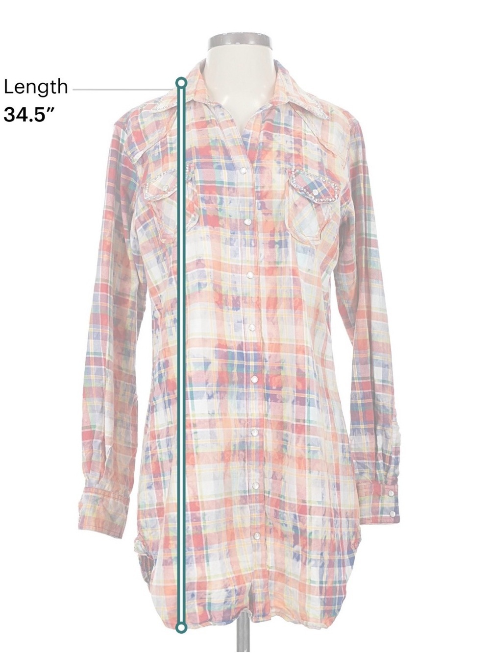 A Rare Bird Women’s Plaid Midi Shirt Dress Bleach Distressing Rhinestones Small - Picture 4 of 9